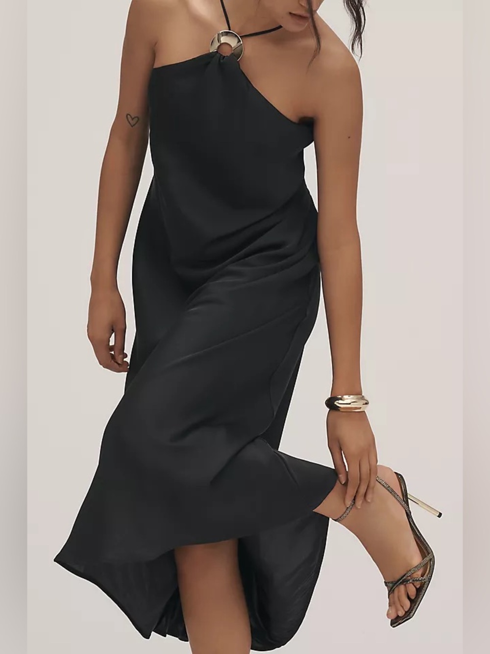 Anthropologie Black One-Shoulder Satin Slip Dress with Ring Detail